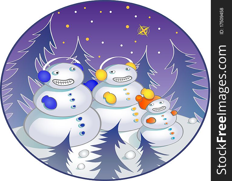 Father, mother and baby snowman standing among fir-trees. Father, mother and baby snowman standing among fir-trees