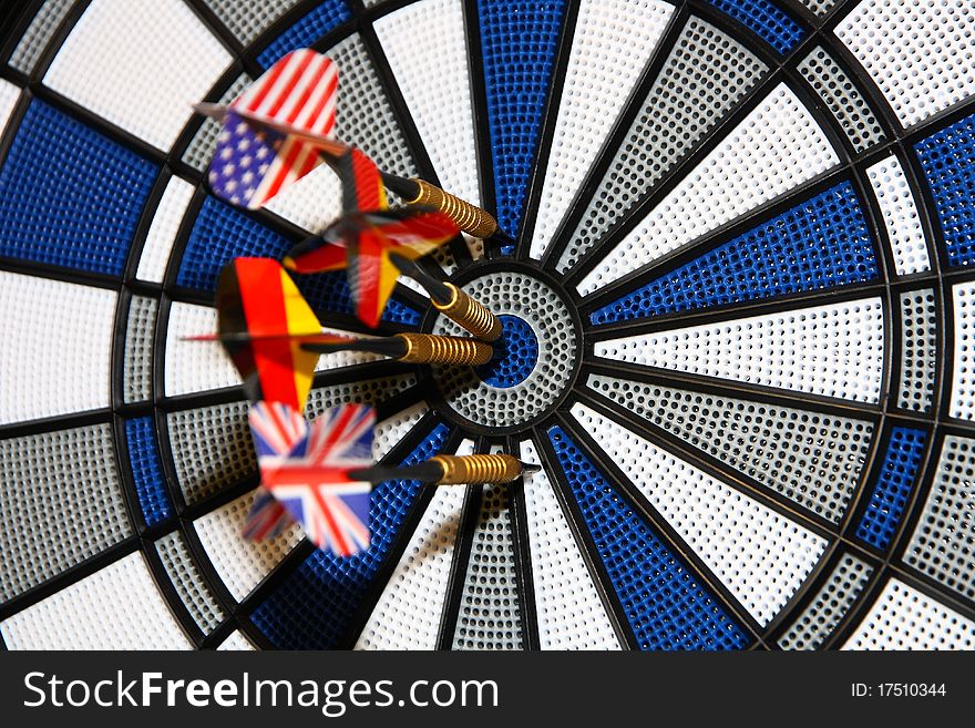Dartboard with Arrrows from Germany, GB ans USA