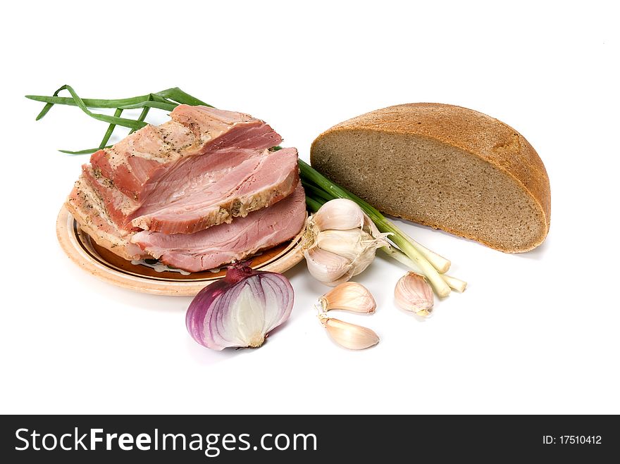 Lard and bread on white background