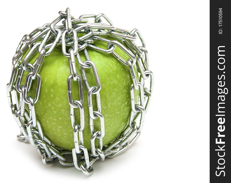 Apple with chains on white background