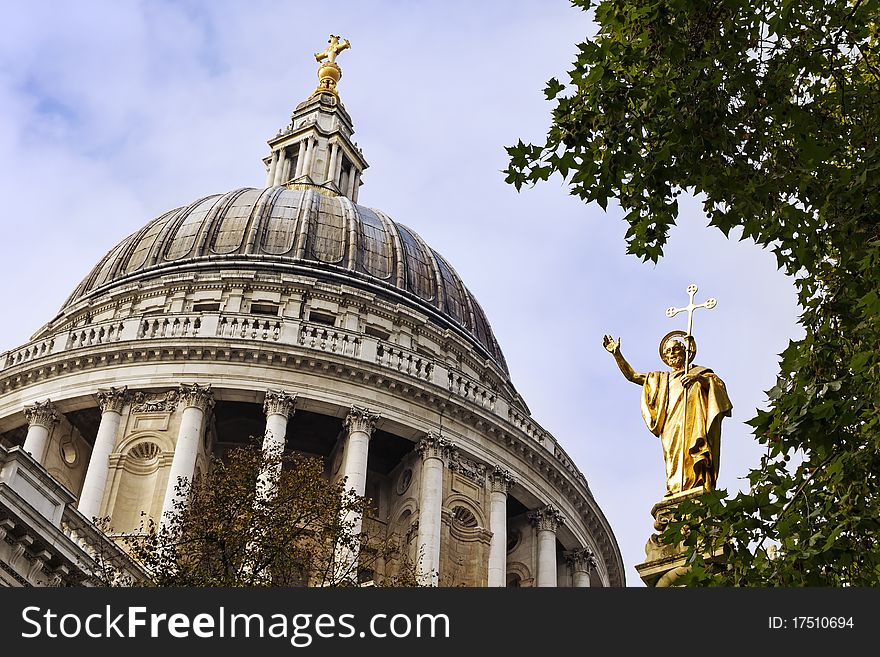 Dome of St Paul`s Cathedral and St Paul statue in London. Dome of St Paul`s Cathedral and St Paul statue in London