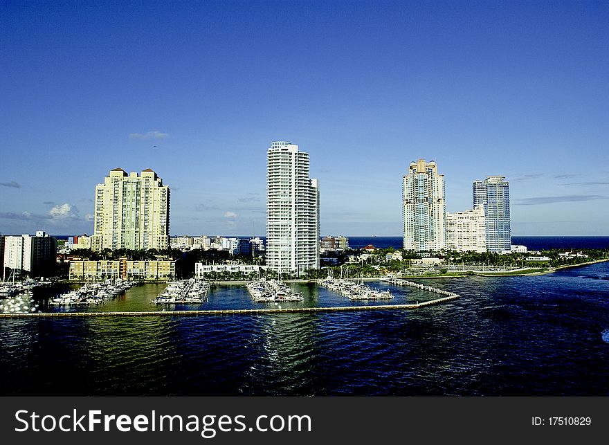 City buildings and oceanfront in Miami. City buildings and oceanfront in Miami