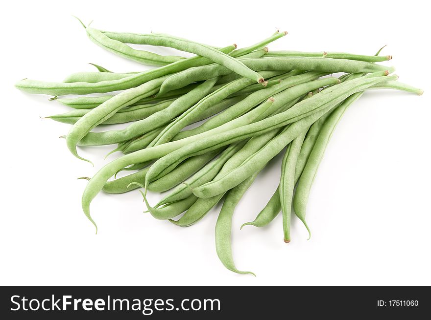 Organic green beans on white background. Organic green beans on white background