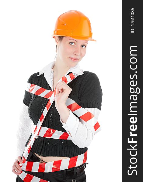 A business woman With cones over white background. A business woman With cones over white background