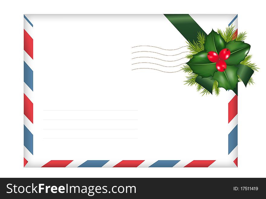 Envelope With Holly Berry, Isolated On White Background. Envelope With Holly Berry, Isolated On White Background