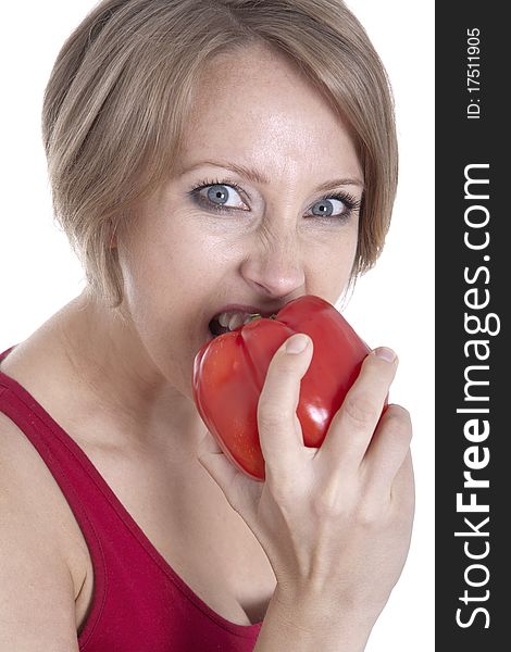 Healthy woman eating. over white background. Healthy woman eating. over white background