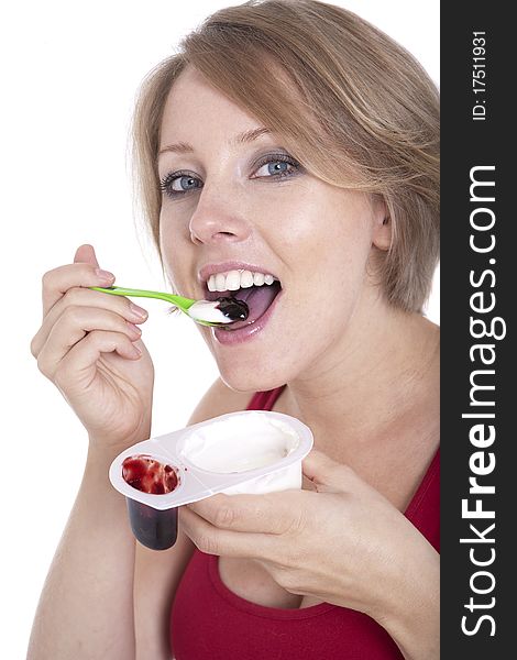 Healthy woman eating. over white background