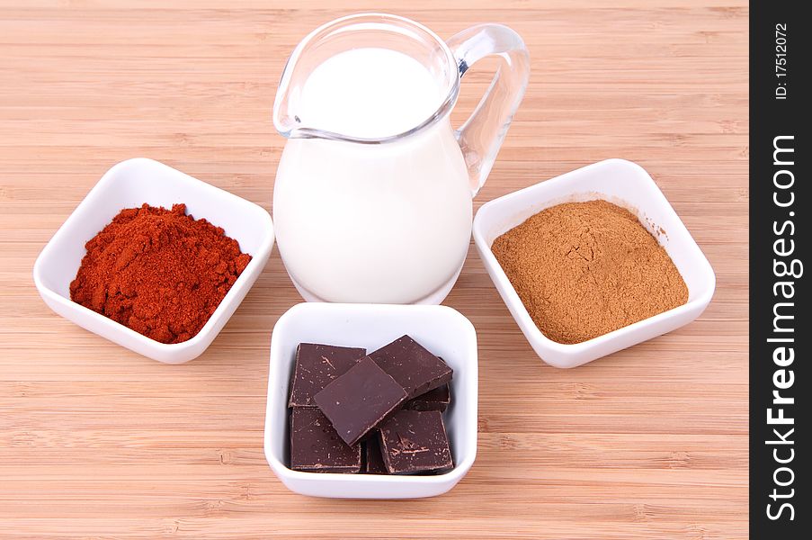 Hot chocolate ingredients: pieces of chocolate, powdered cinnamon and chili and cinnamon sticks and a jug of milk. Hot chocolate ingredients: pieces of chocolate, powdered cinnamon and chili and cinnamon sticks and a jug of milk