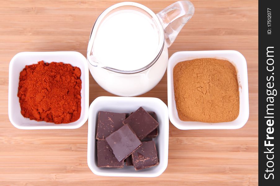 Hot chocolate ingredients: pieces of chocolate, powdered cinnamon and chili and a jug of milk. Hot chocolate ingredients: pieces of chocolate, powdered cinnamon and chili and a jug of milk