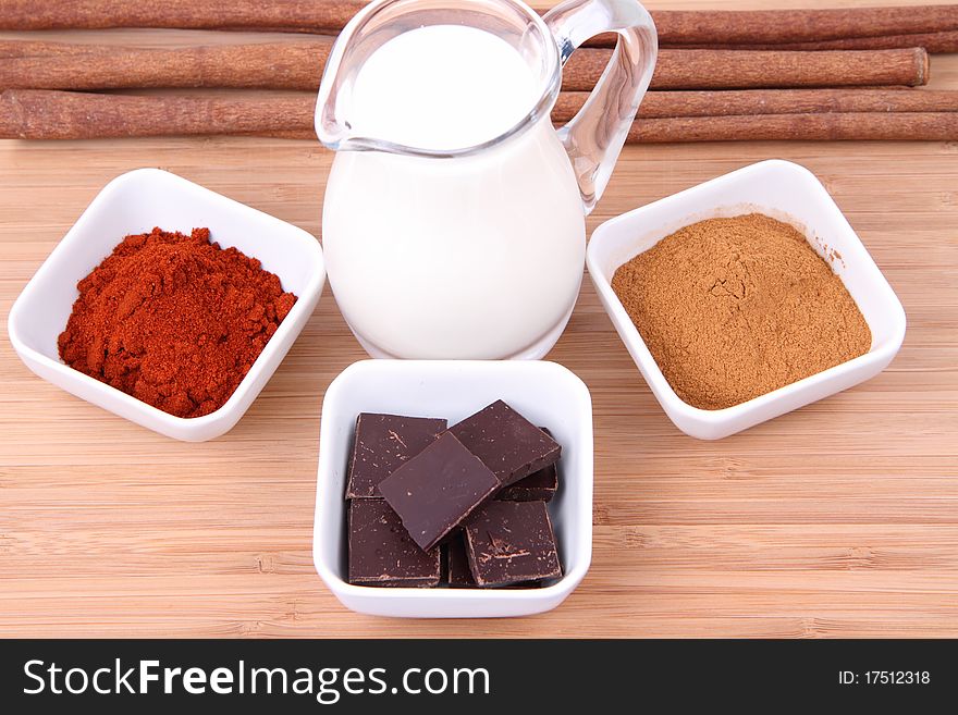 Hot chocolate ingredients: pieces of chocolate, powdered cinnamon and chili and cinnamon sticks and a jug of milk. Hot chocolate ingredients: pieces of chocolate, powdered cinnamon and chili and cinnamon sticks and a jug of milk