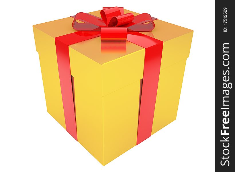 Gold Gift Box With Red Ribbon Isolated