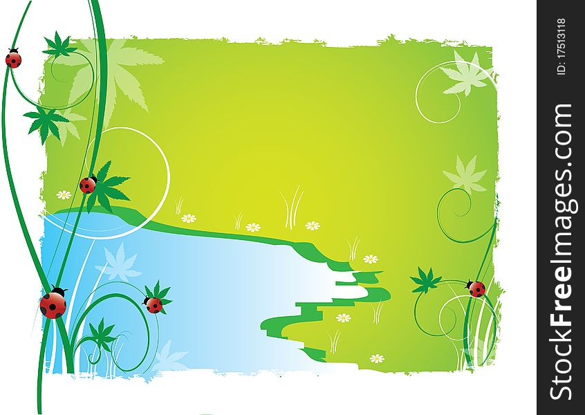 Abstract nature landscape with lake grass flowers ladybug green grass. Abstract nature landscape with lake grass flowers ladybug green grass