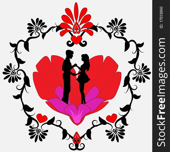 Black silhouette of a loving couple on a heart with floral border