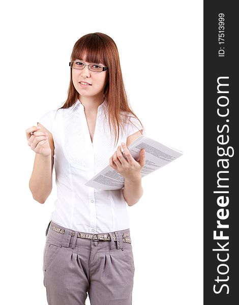 The beautiful girl wearing spectacles with documents, on a white background