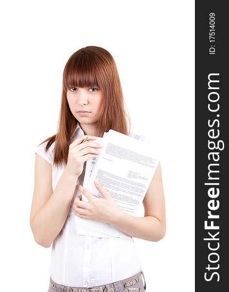 The beautiful girl with documents, on a white background