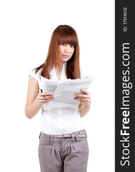 The beautiful girl with documents, on a white background