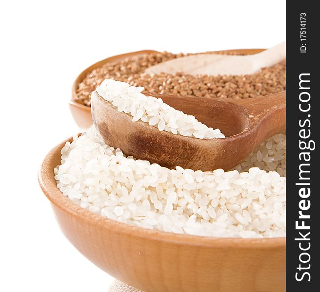 Rice and buckwheat isolated on white