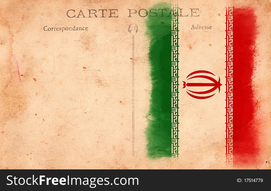 Old Textured Vintage Grunge Postcard Iran Flag. Old Textured Vintage Grunge Postcard Iran Flag