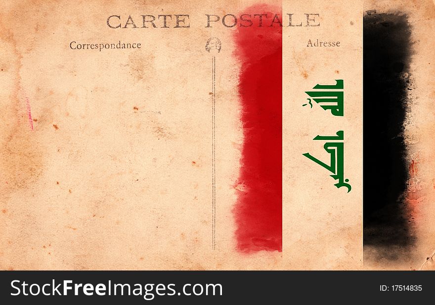 Old Vintage Grunge Postcard Iraq Flag