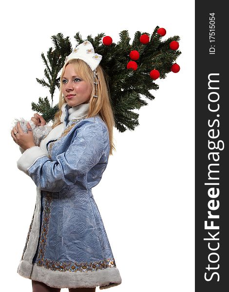 A young woman in costume of Snow Maiden