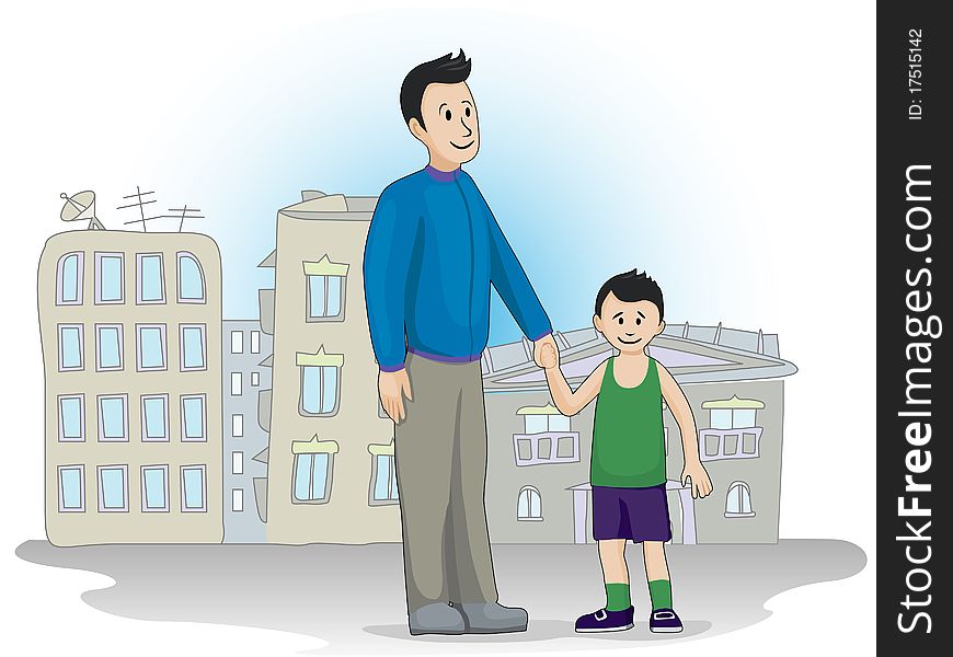 Father and son standing in the street with cartoon background