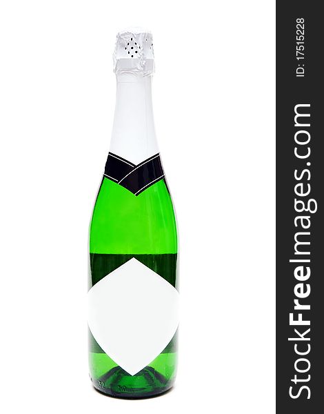 Bottle of champagne with a blank label on a white background