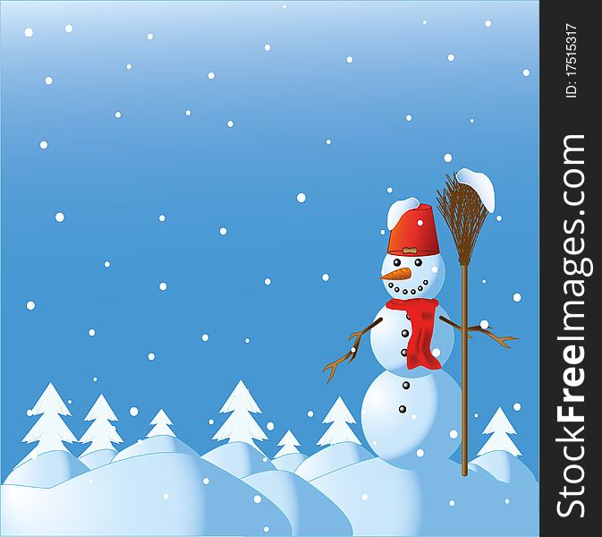 The snowman with a broom among snowdrifts and fur-trees