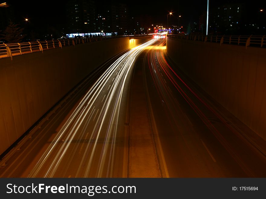 Blurred Motion of Car Lights on Highway at Night. Blurred Motion of Car Lights on Highway at Night