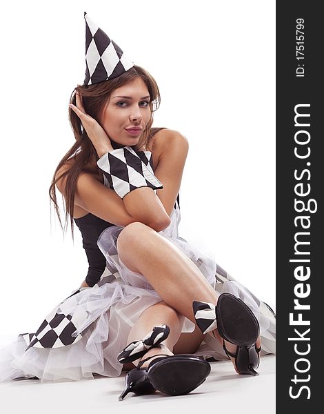 Female in chess Queen suit over white  background