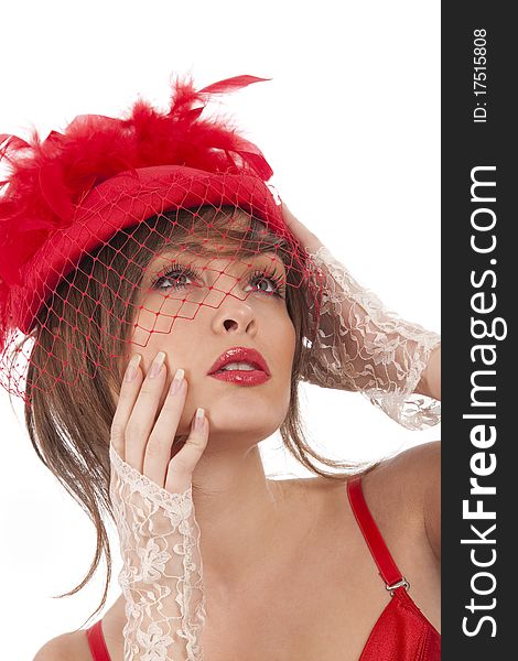 Beautiful woman in red hat with net veil. Retro portrait. Beautiful woman in red hat with net veil. Retro portrait