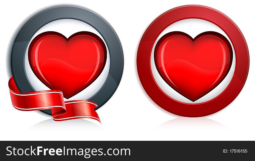 Big red heart in round with ribbon on white background, illustration