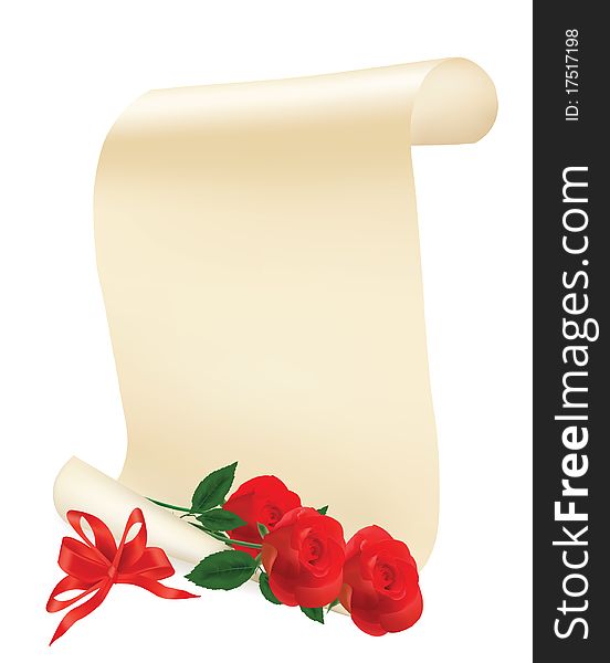 Roll of paper with red roses on a white background