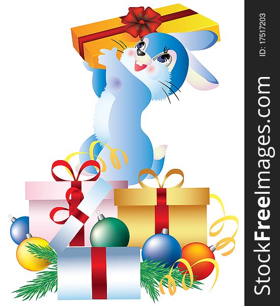 Vector rabbit and a box of presents and Christmas balls. Vector rabbit and a box of presents and Christmas balls.