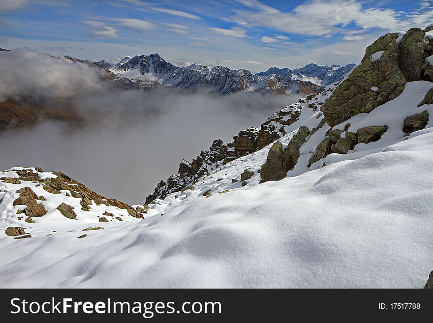 Bocchette Val Massa Pass at 2500 meters on the sea-level, after a fall snowfall. Brixia province, Lombardy region, Italy