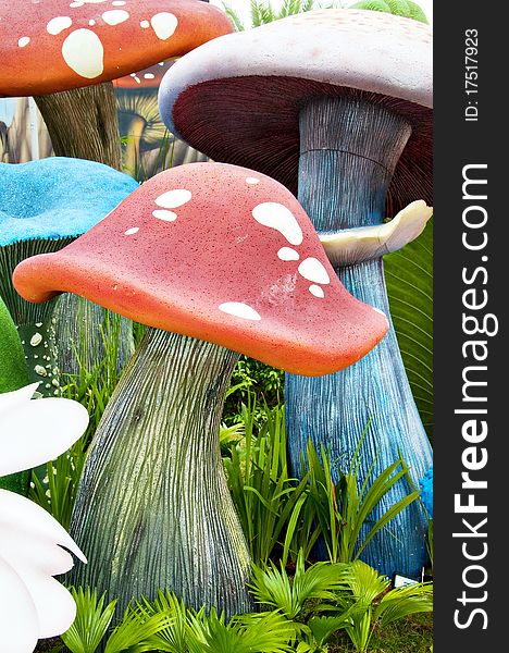 A garden with fake mushrooms