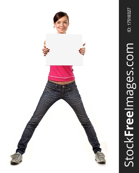 Smiling girl holding gray card against white background. Smiling girl holding gray card against white background.