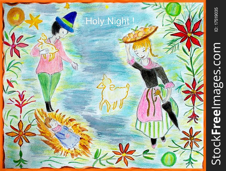 My own work is a watercolour showing
a shepherd and a young girl gazing at  the holy infant .
I was inspired by the famous Christmas carol : Silent night, holy night