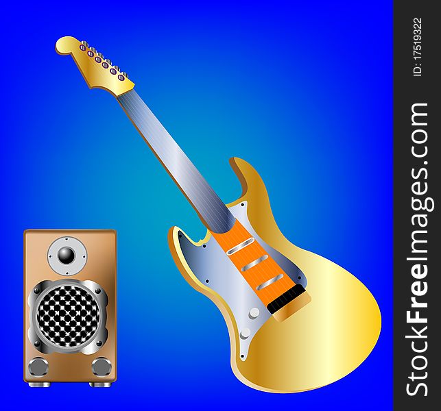 Guitar and amplifier of the sound on turn blue background. Guitar and amplifier of the sound on turn blue background