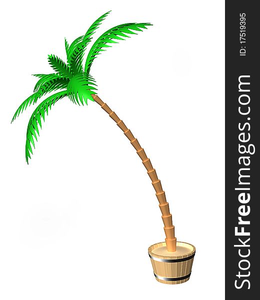 The three-dimensional, cartoon image of a palm tree in tub. The three-dimensional, cartoon image of a palm tree in tub