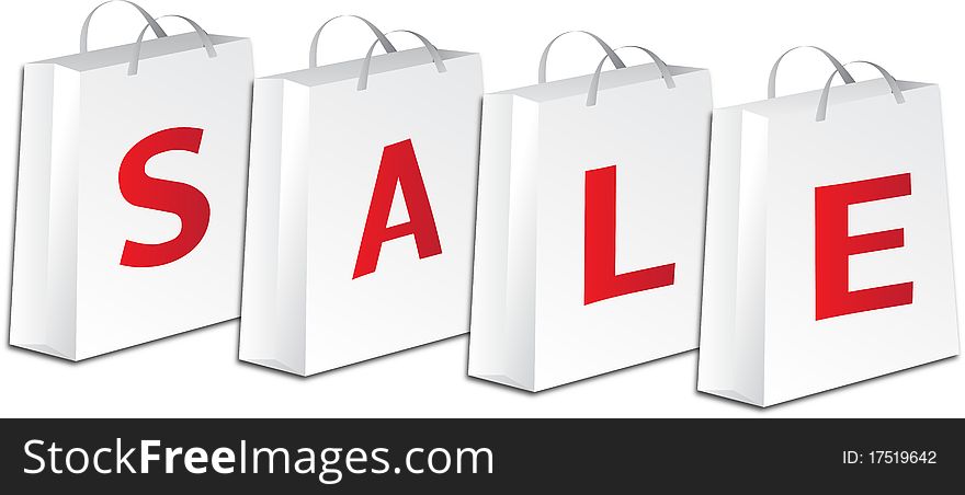 A set of white bags for shopping with rred letter on white background. A set of white bags for shopping with rred letter on white background