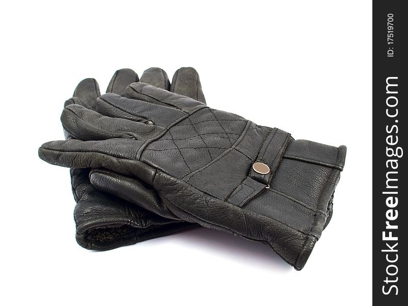 Black leather gloves with a white background