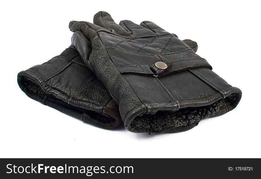 Black leather gloves with a white background