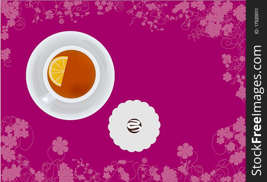 Cup Of Tea With Candy On Floral Background