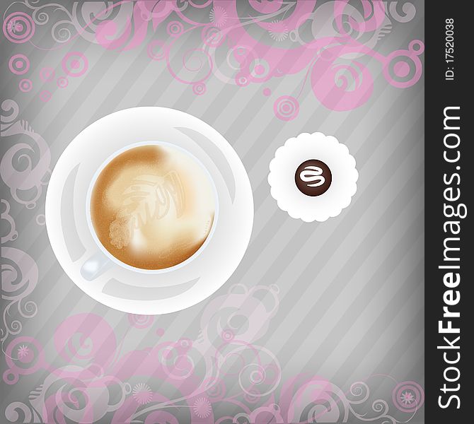 Cup Of Coffee With Candy On Floral Background