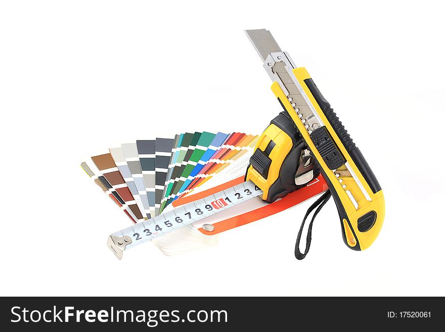 Cutter,Tape Measure,Color Swatch on white background. Cutter,Tape Measure,Color Swatch on white background