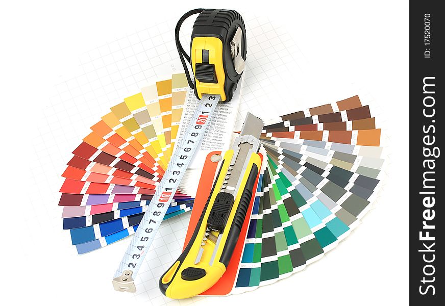 Cutter,Tape Measure,Color Swatch on white background. Cutter,Tape Measure,Color Swatch on white background
