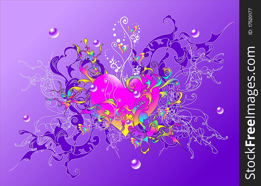 Heart entangled by multi-colored lines on a violet background, illustration