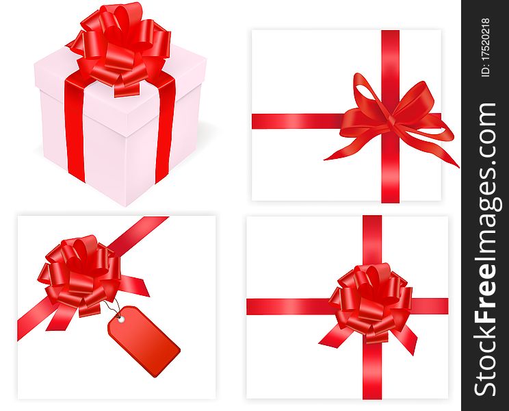 Big Set Of Red Bows And Box. Vector.