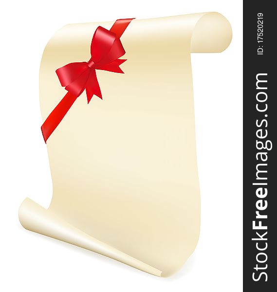 Greeting scroll with red bow. Vector.
