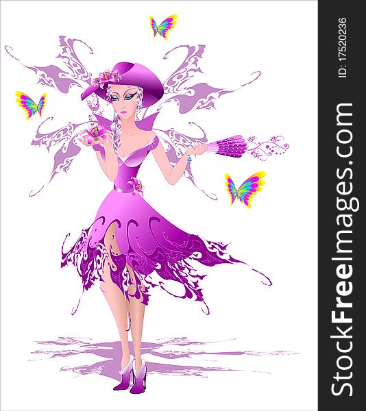 Fairy in a hat, lily in a hand. Vector illustration